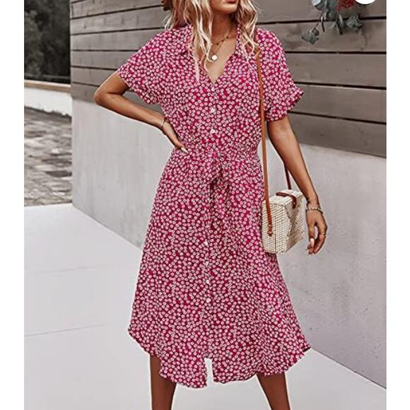 Shein Women's Boho Belted Ditsy Floral Button Front Midi Dress Size 10 Red White - Picture 1 of 9